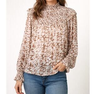 NEW THML Anthropologie Metallic Leopard Smocked Flutter Long Sleeve Blouse Small